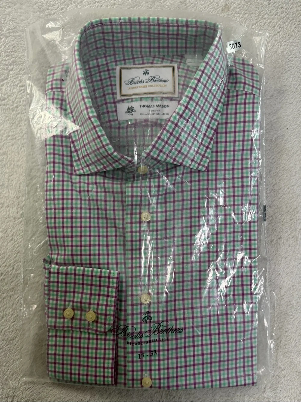 Brooks Brothers Thomas Mason Purple Green Check Dress Shirt NWT 17/33 Slim Fit
